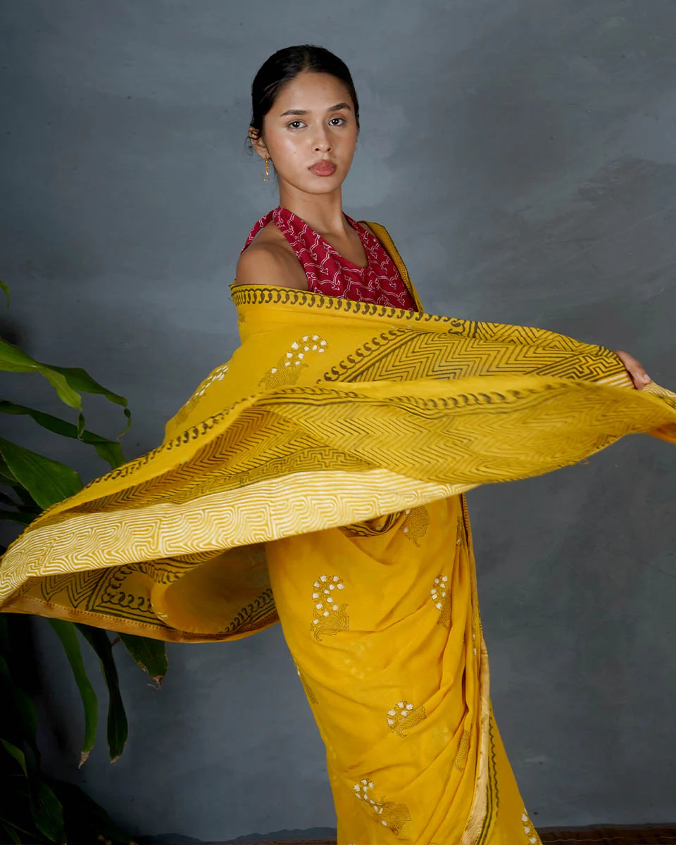 Mriga Yellow Hand Block Printed Cotton Saree-MYA - Image 5