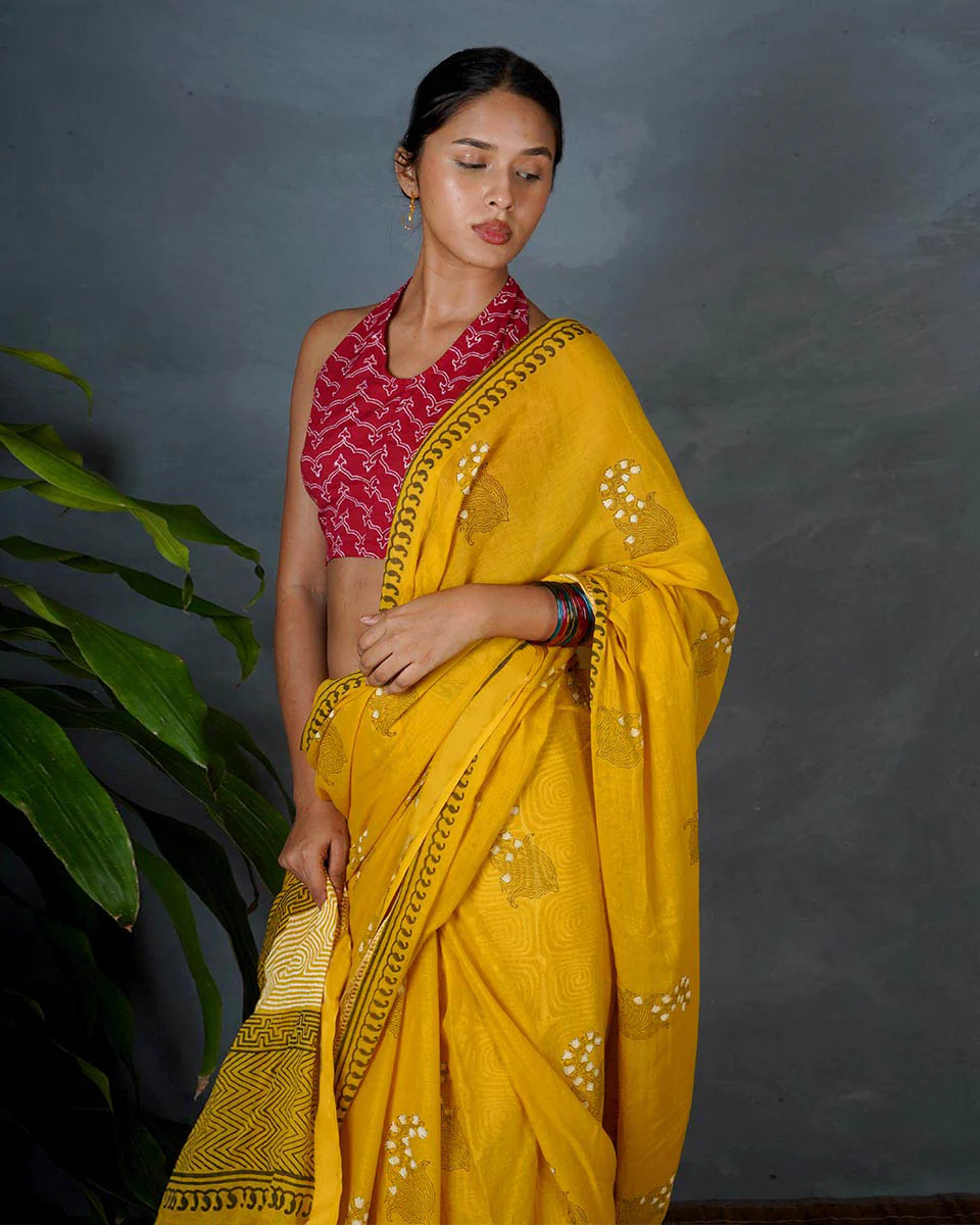 Mriga Yellow Hand Block Printed Cotton Saree-MYA - Image 6