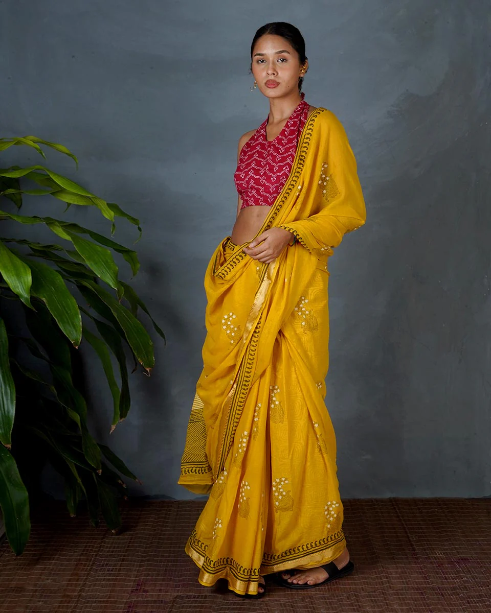 Mriga Yellow Hand Block Printed Cotton Saree-MYA - Image 7