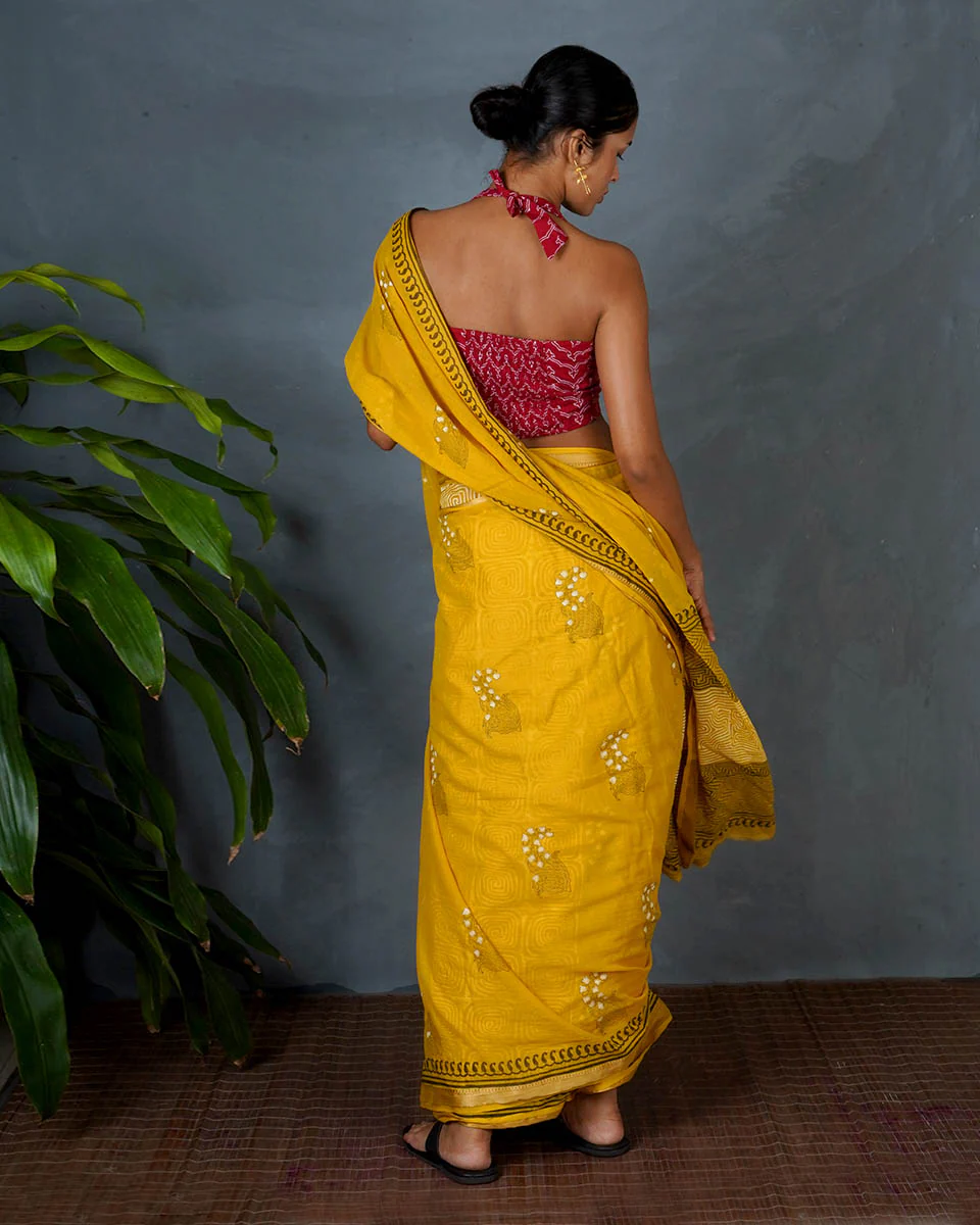 Mriga Yellow Hand Block Printed Cotton Saree-MYA - Image 9