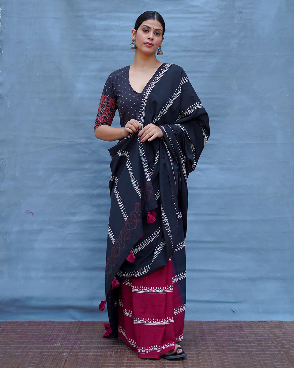 Mrinal Black With Maroon Handblock Printed Cotton Saree - Soil