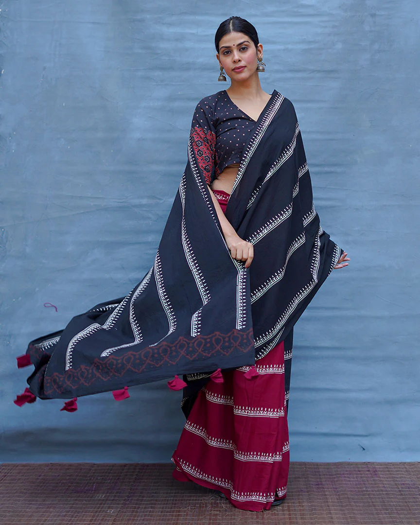 Mrinal Black With Maroon Handblock Printed Cotton Saree - Soil - Image 11