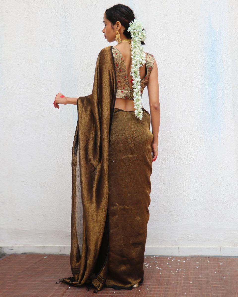 Mrinal Brown Handwoven Linen Zari Saree - Image 10
