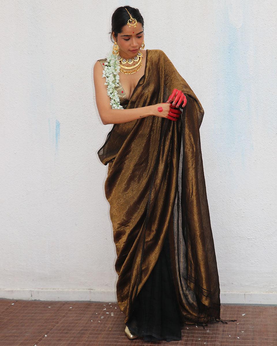 Mrinal Brown Handwoven Linen Zari Saree - Image 2