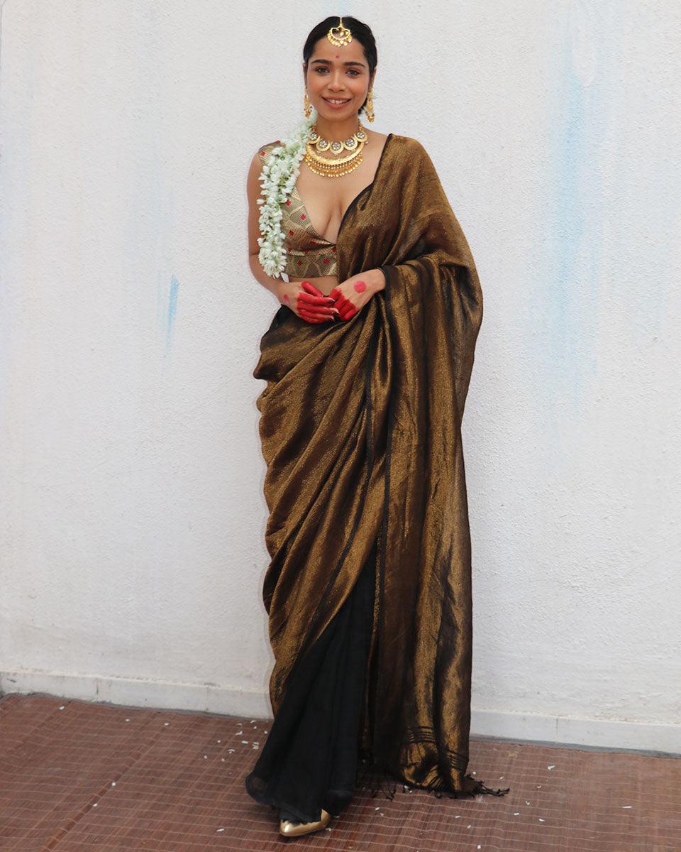 Mrinal Brown Handwoven Linen Zari Saree - Image 4