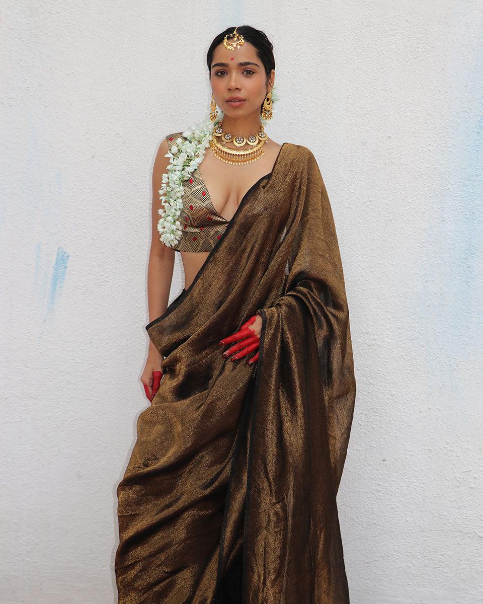 Mrinal Brown Handwoven Linen Zari Saree - Image 7