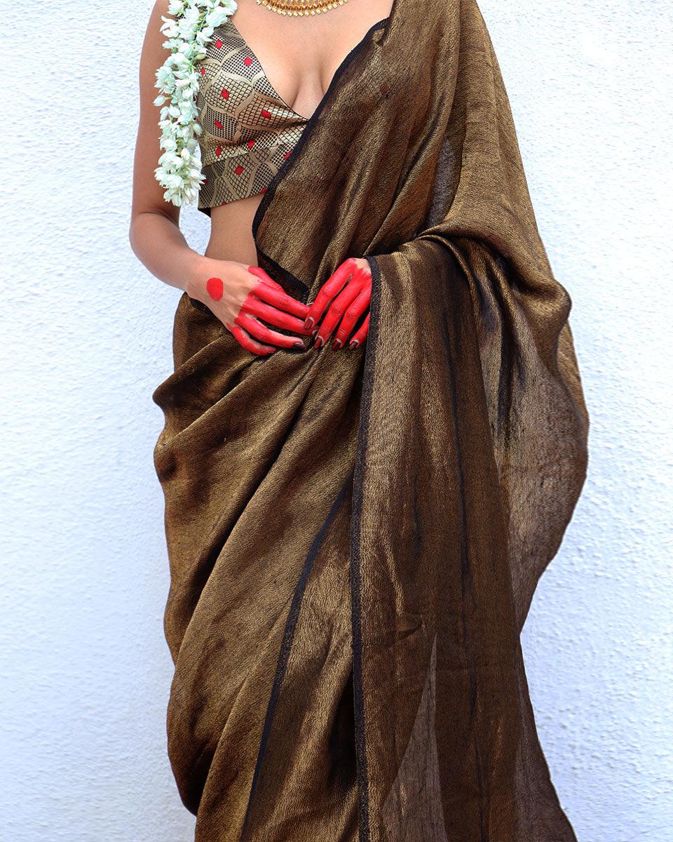 Mrinal Brown Handwoven Linen Zari Saree - Image 8
