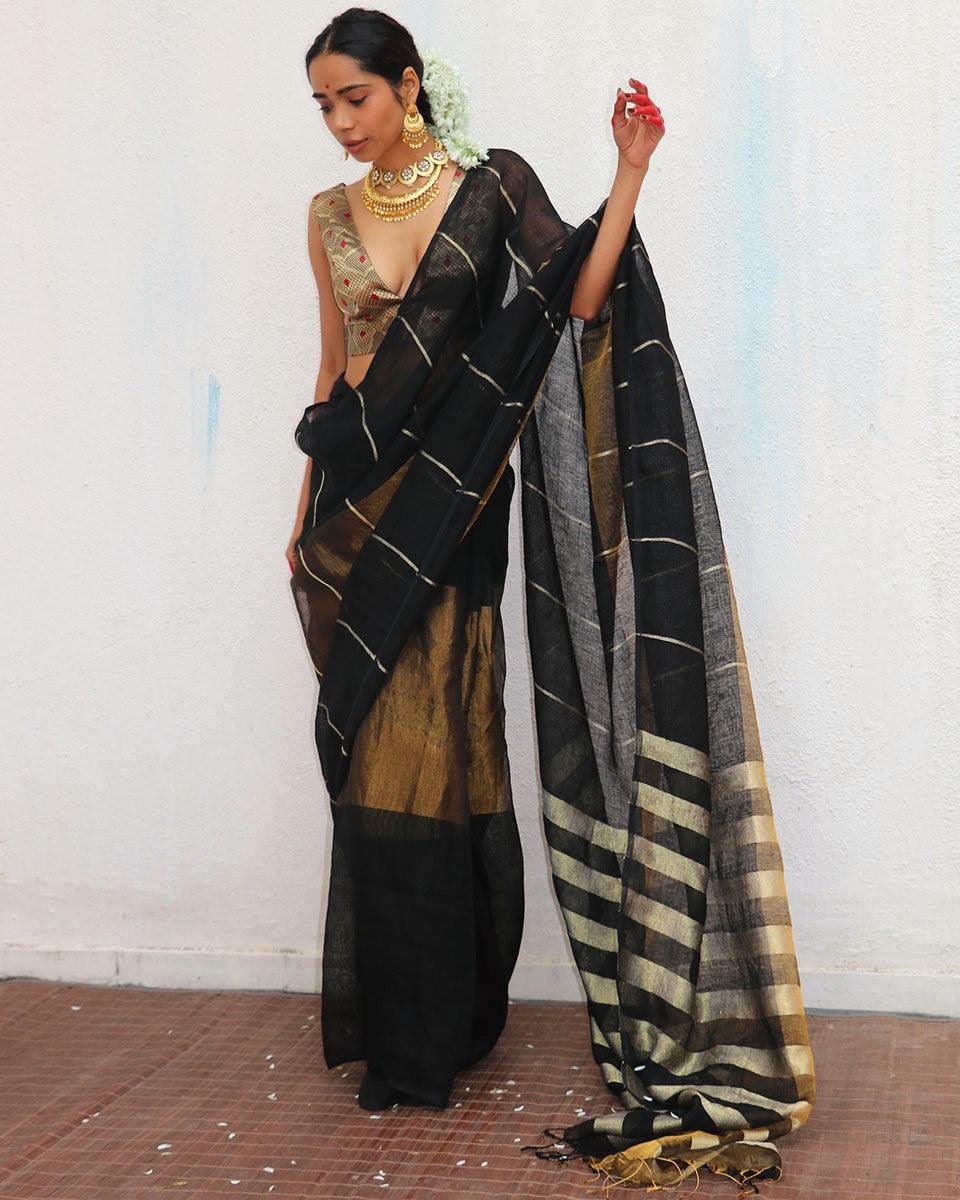 Mrinmoyee Handwoven Linen Zari Saree - Image 4
