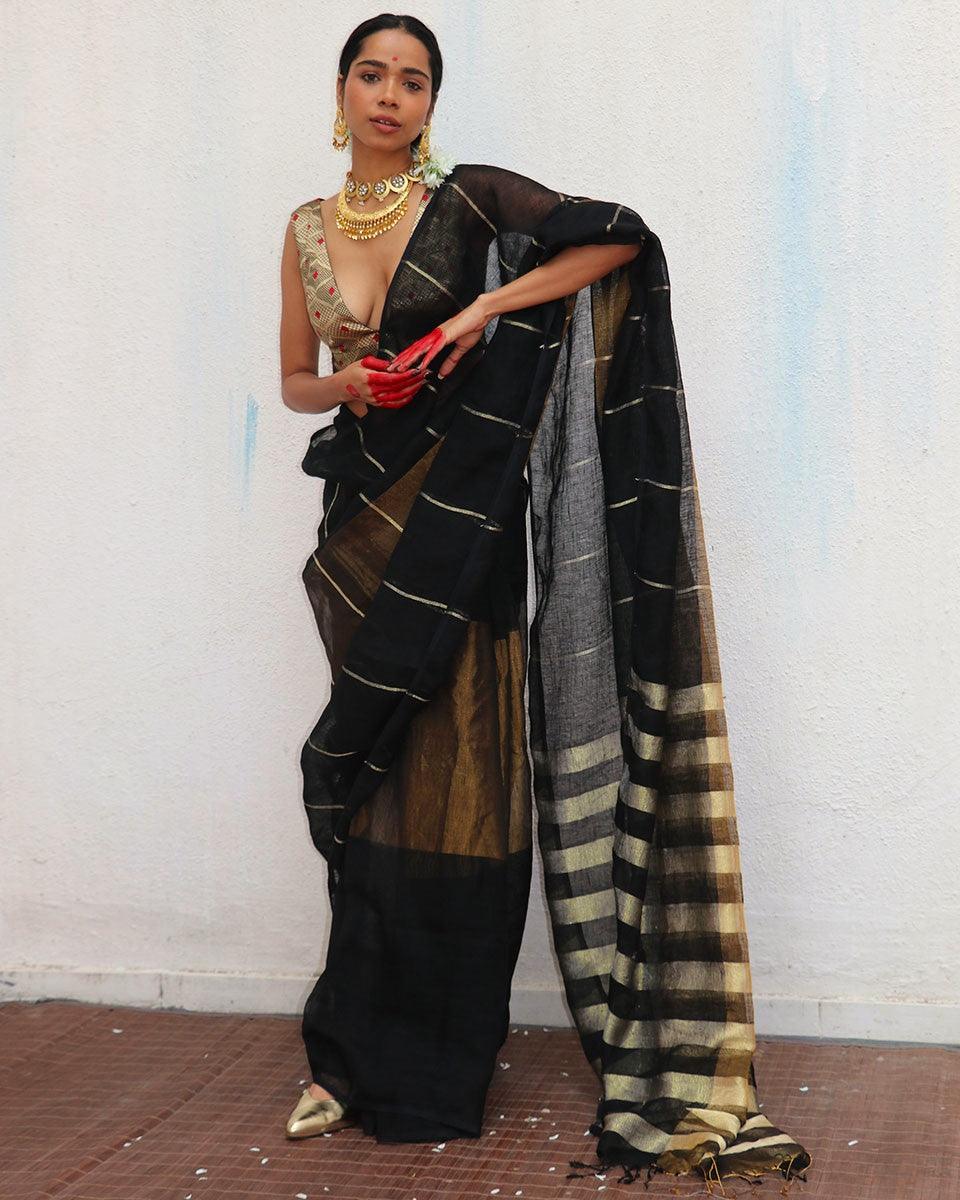 Mrinmoyee Handwoven Linen Zari Saree - Image 5