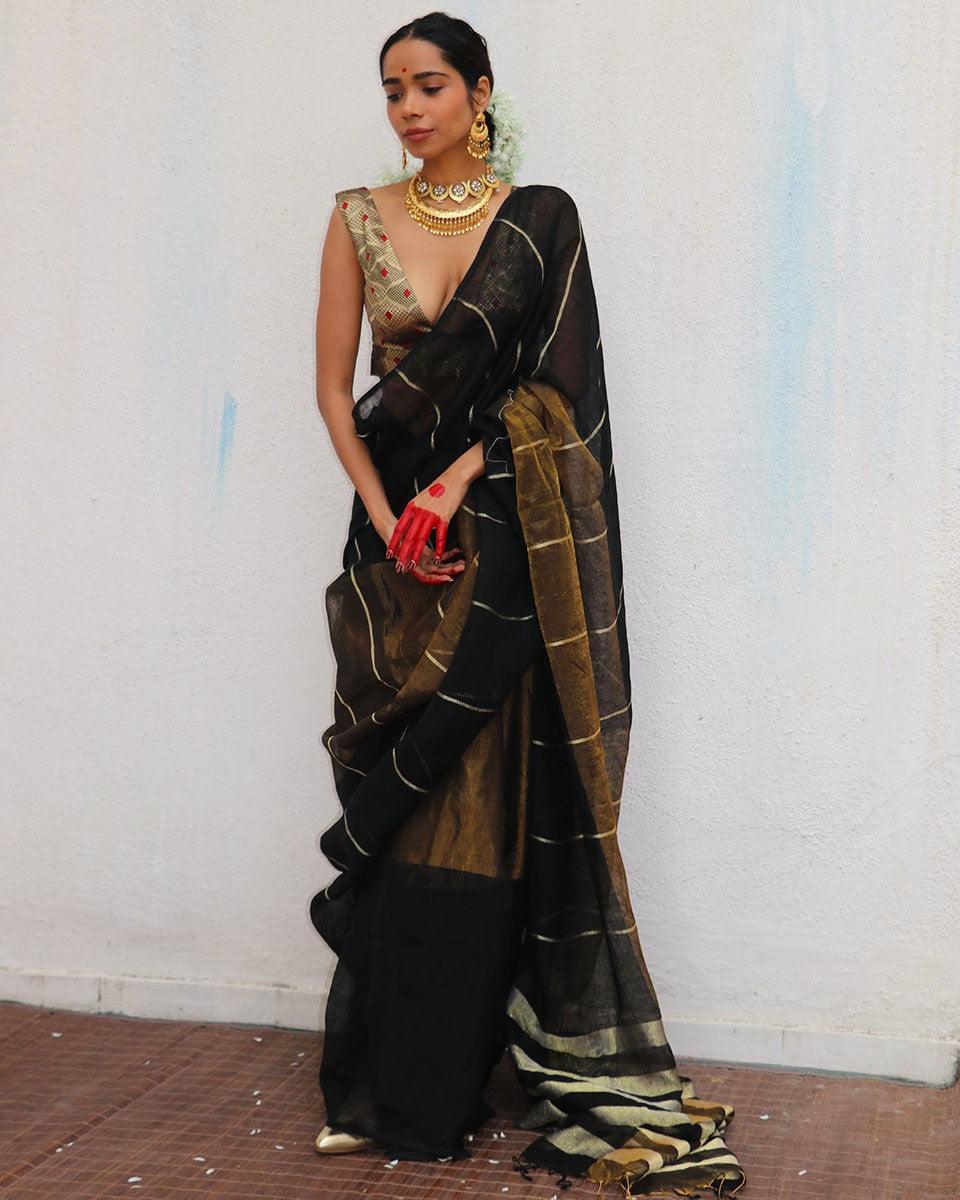 Mrinmoyee Handwoven Linen Zari Saree - Image 7