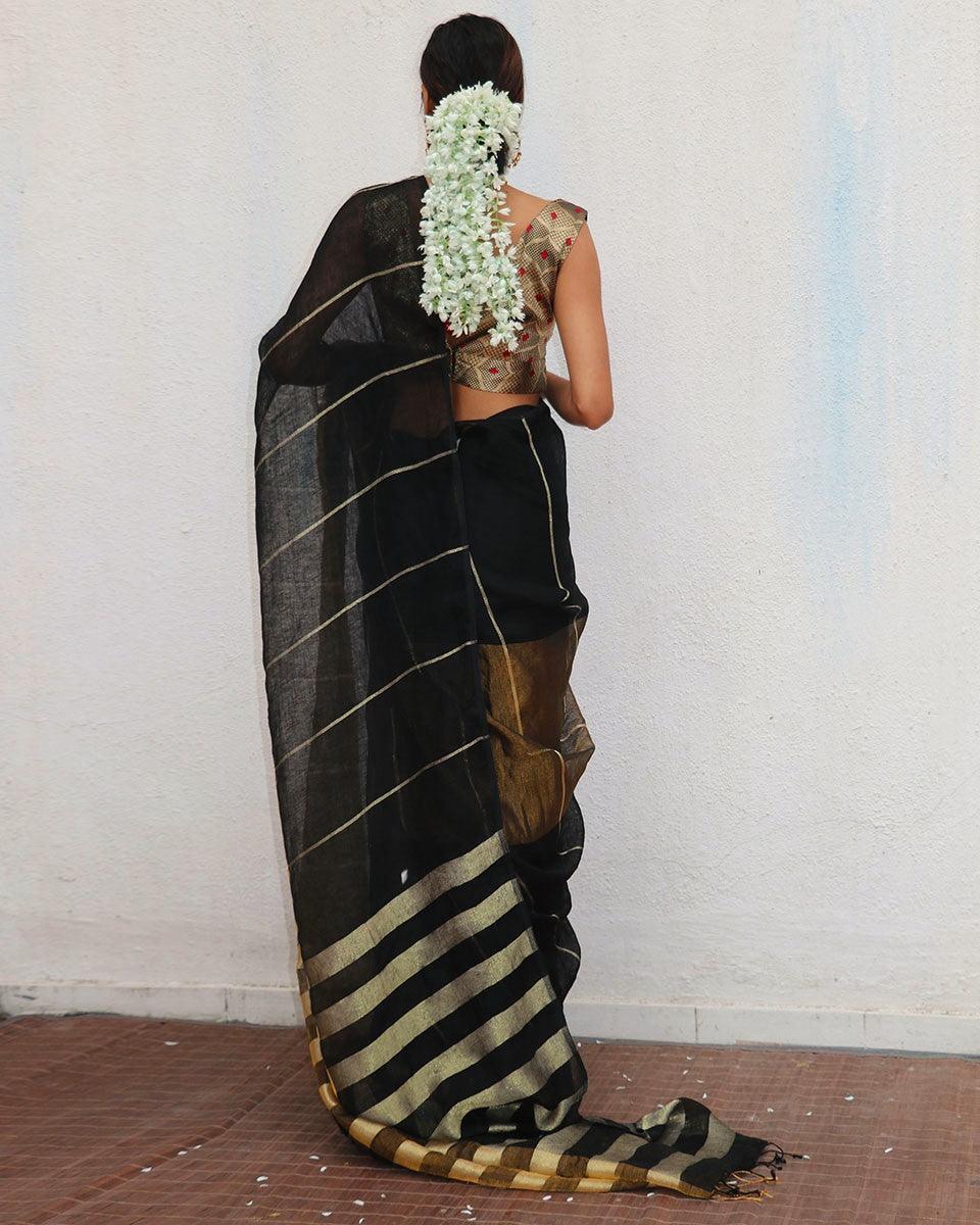 Mrinmoyee Handwoven Linen Zari Saree - Image 8