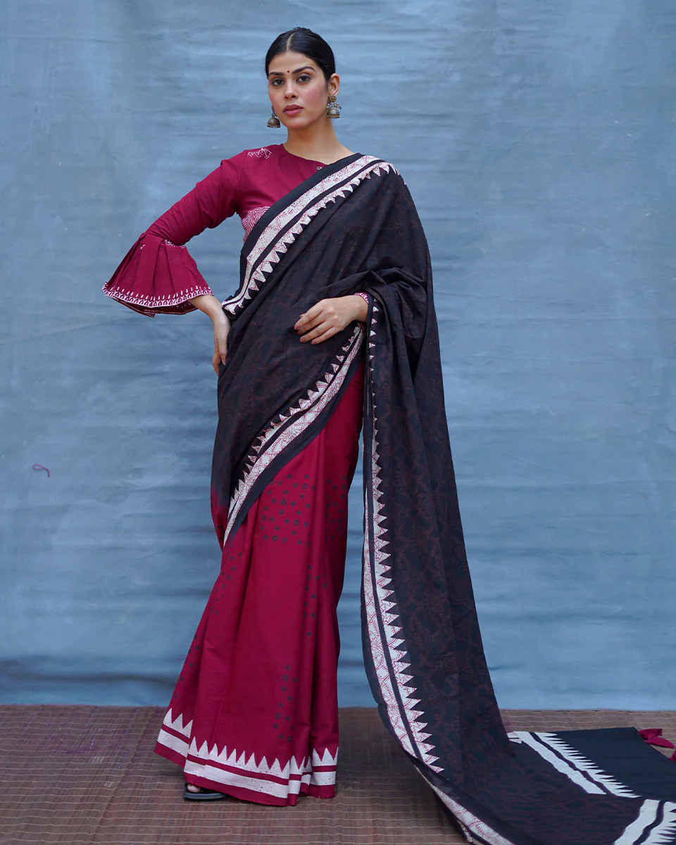 Mrinmoyee Maroon With Black Handblock Printed Cotton Saree - Soil - Image 8