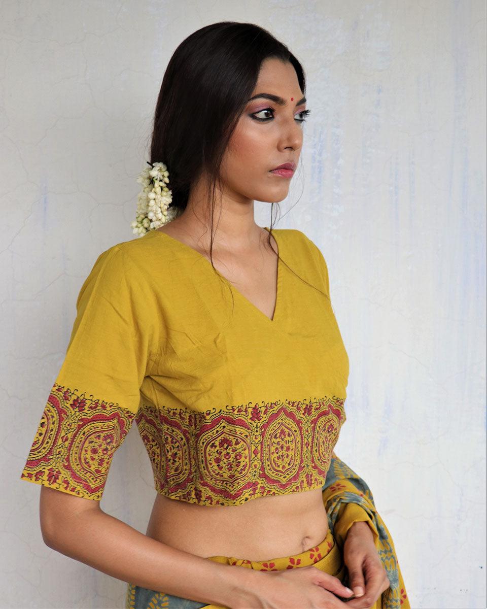 Mustard Angarakha Handprinted Cotton Crop Top Blouse - God - Image 2