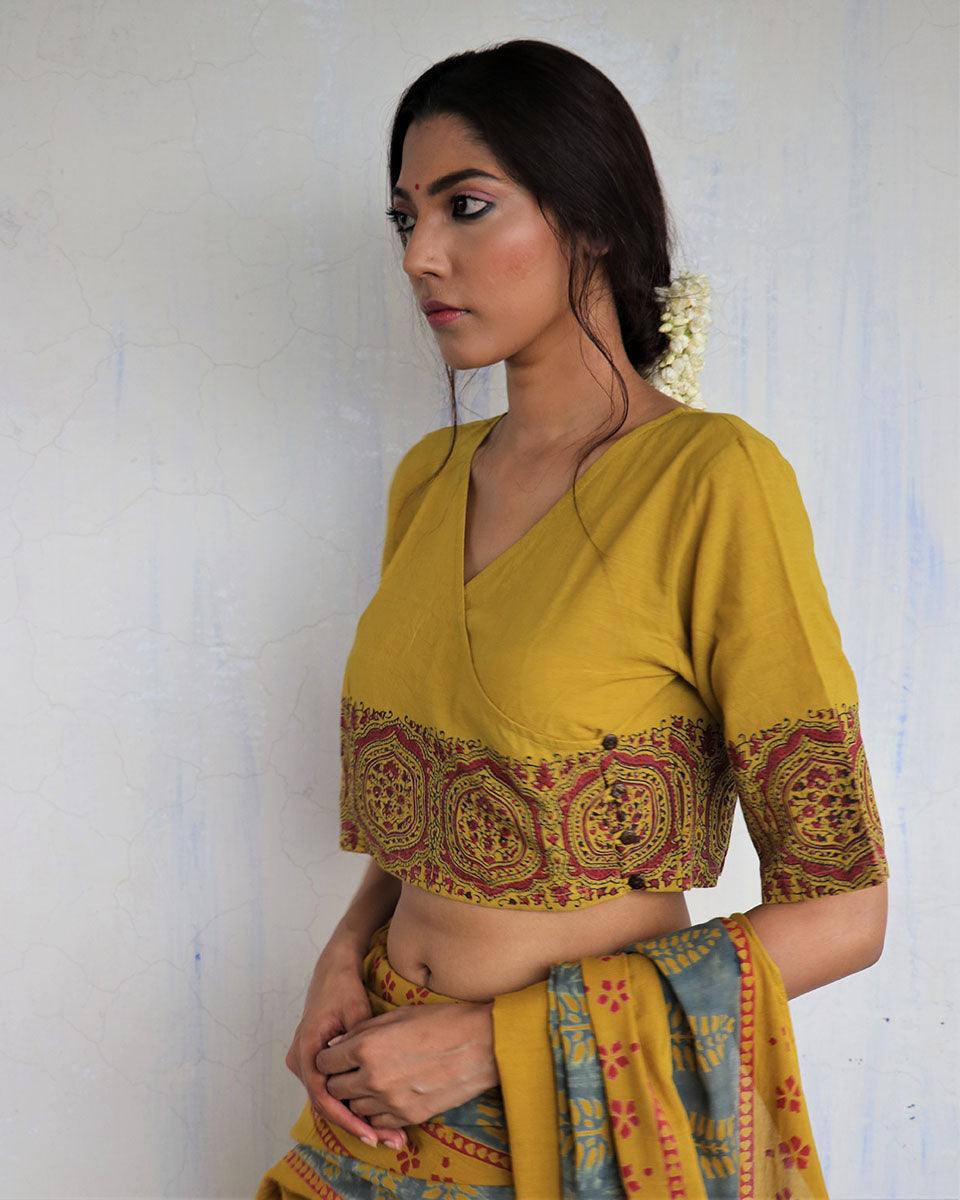 Mustard Angarakha Handprinted Cotton Crop Top Blouse - God - Image 4