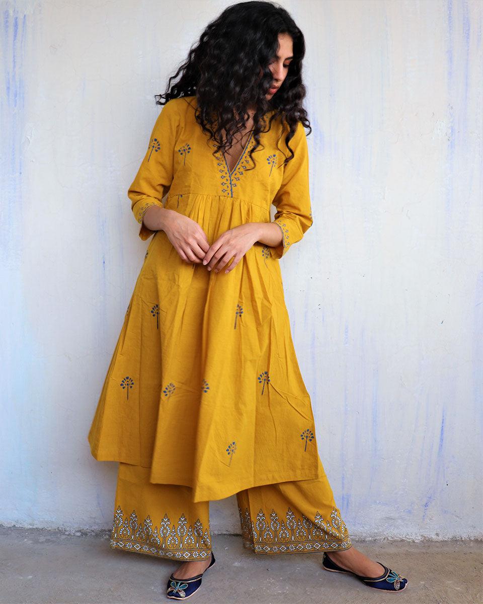 Mustard Block Printed Cotton Kurta Set Of 2 -Easy - Image 6