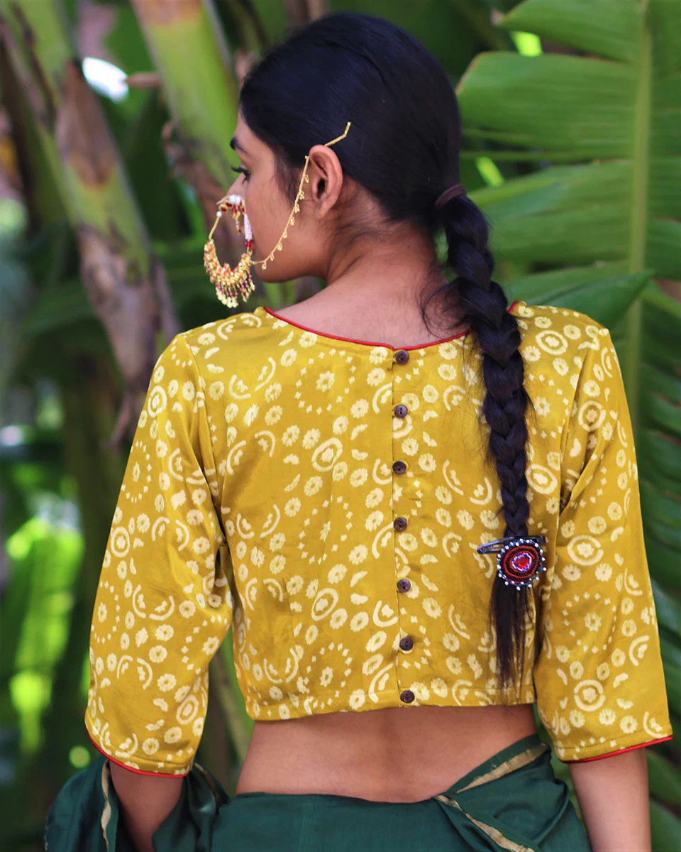 Mustard Blockprinted Mashru Silk Blouse-Chand Se - Image 4