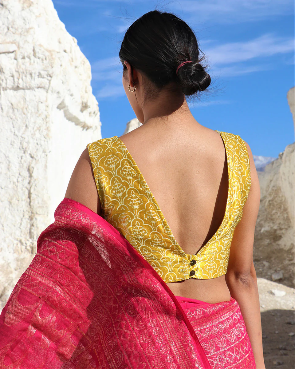 Mustard Blockprinted Mashru Silk Blouse-Lagn - Image 2