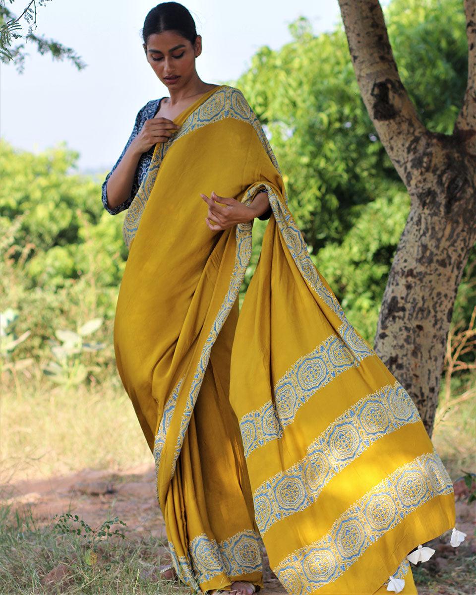 Mustard Blockprinted Modal Silk Saree - Rang - Image 5
