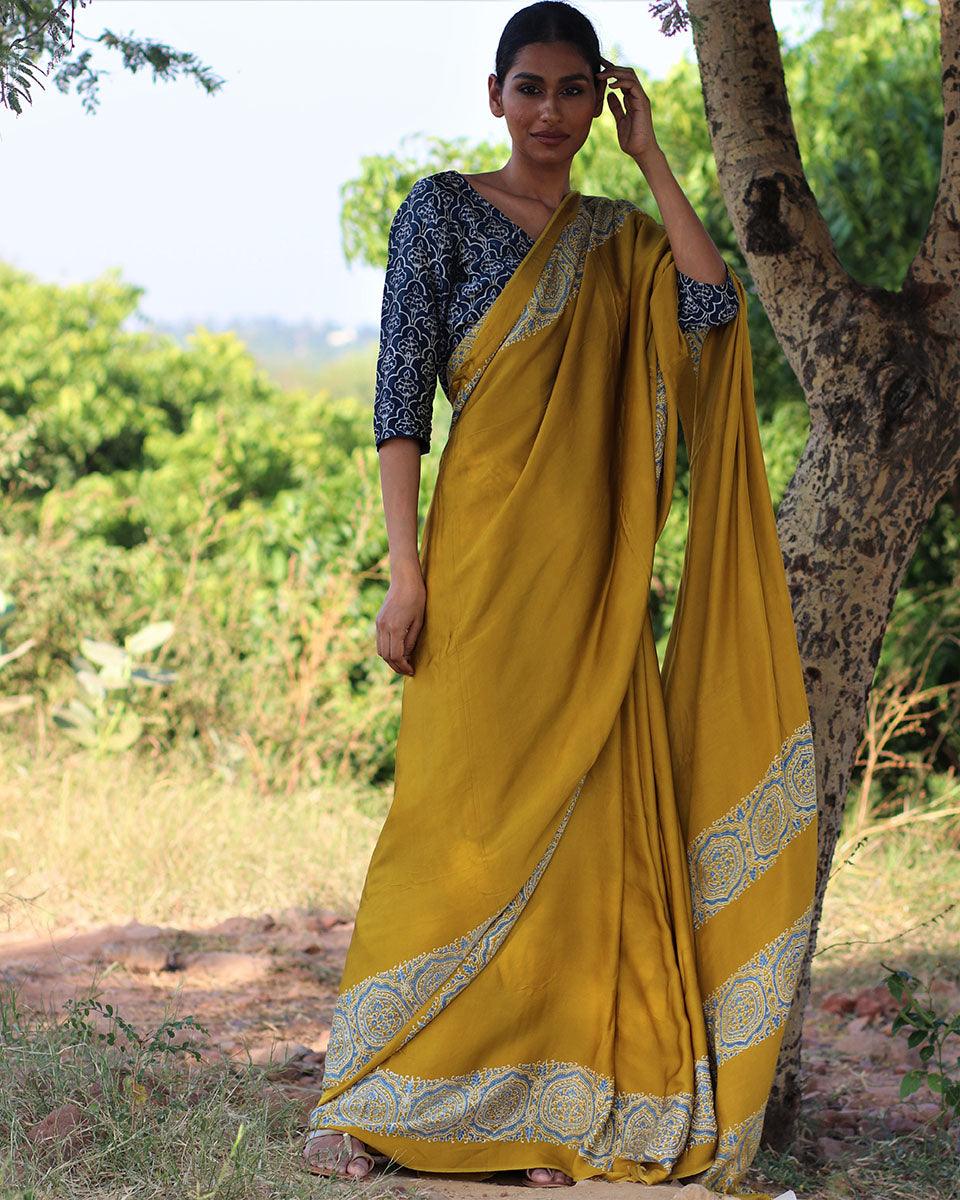 Mustard Blockprinted Modal Silk Saree - Rang - Image 6