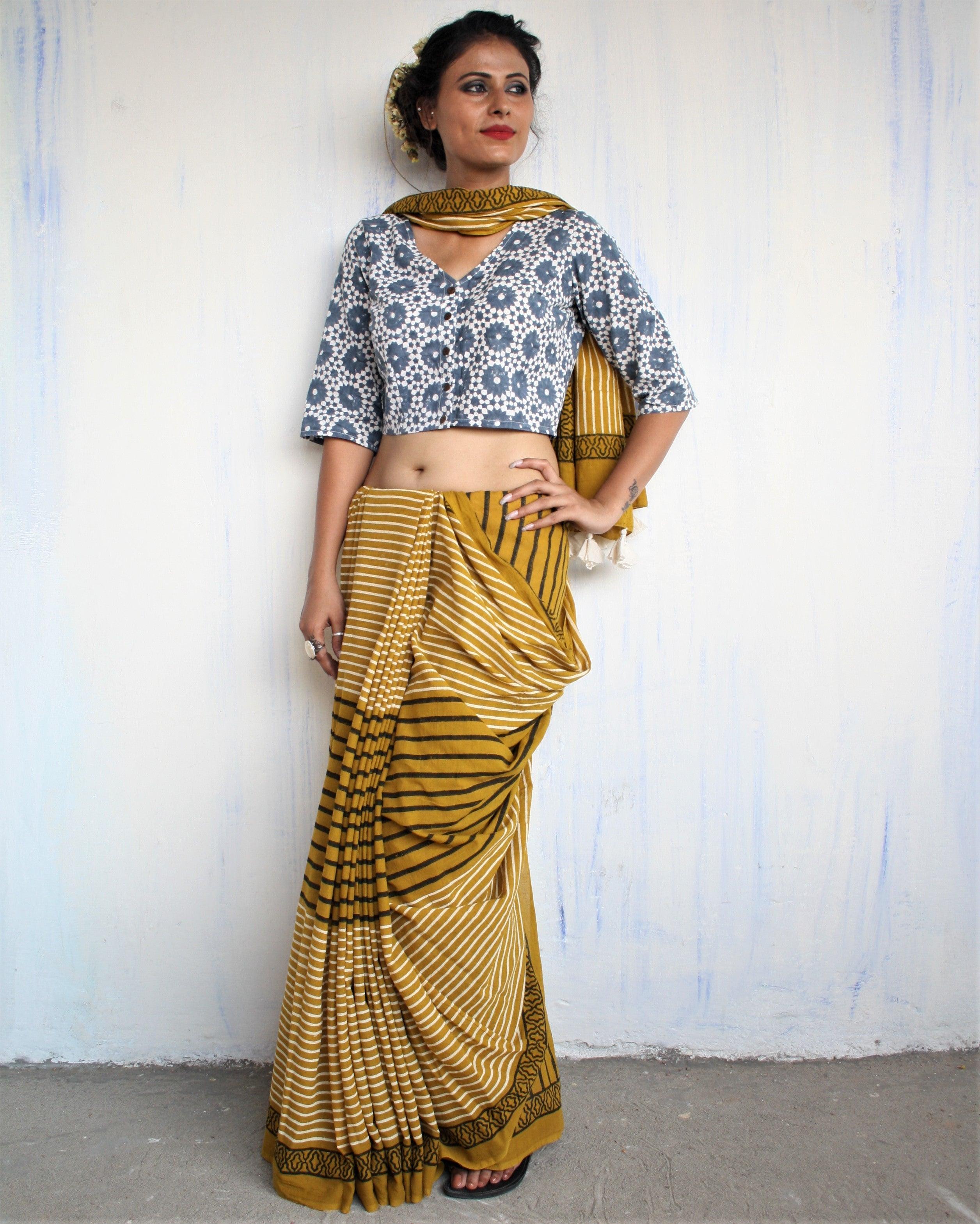Mustard & White Striped Pure Cotton Block Print Saree - Image 4