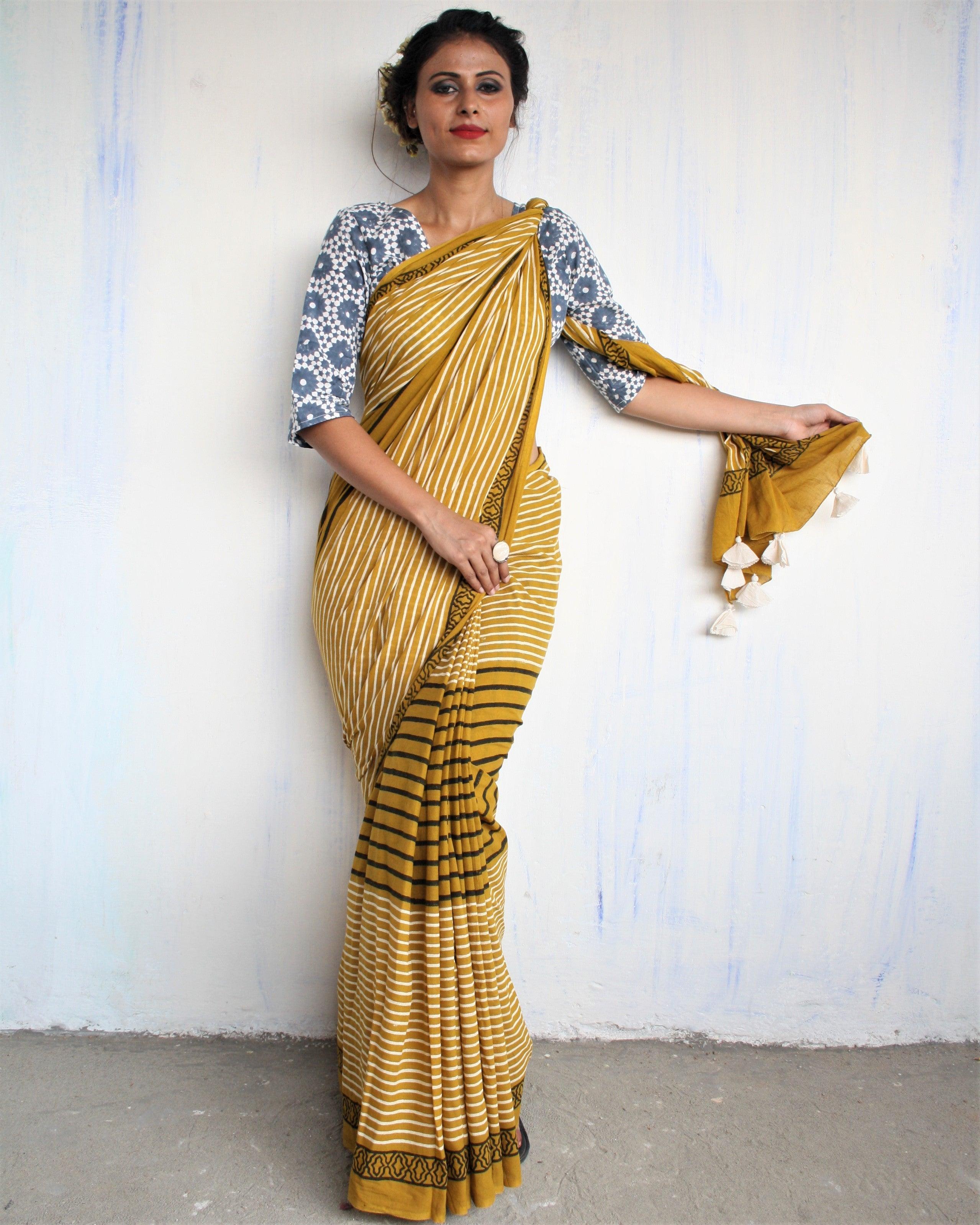 Mustard & White Striped Pure Cotton Block Print Saree - Image 6