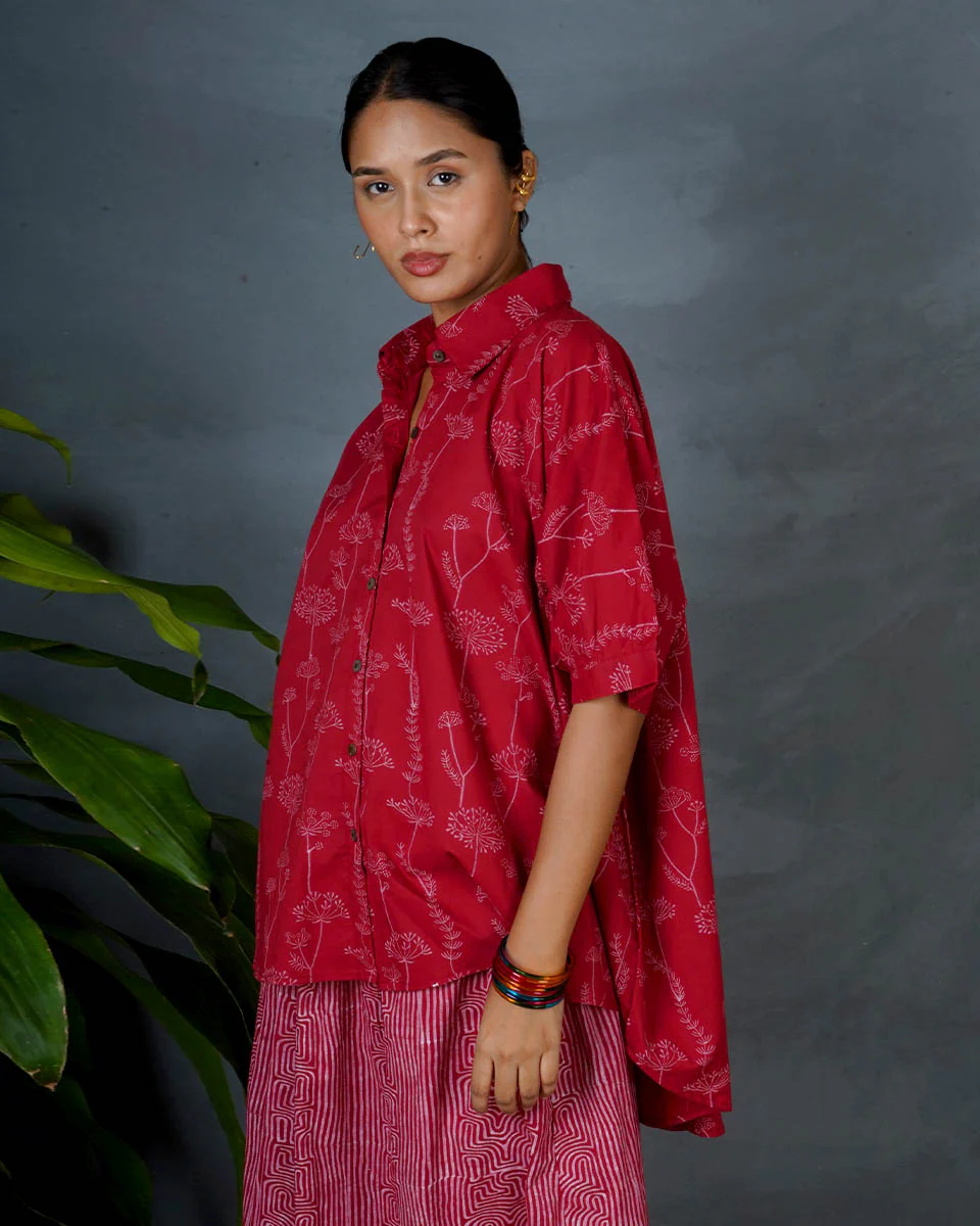 Myra Red Hand Block Printed Cotton Top-MYA - Image 4