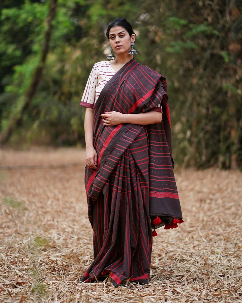 Nadiya Kinare Brown Hand Block Printed Cotton Saree - WW