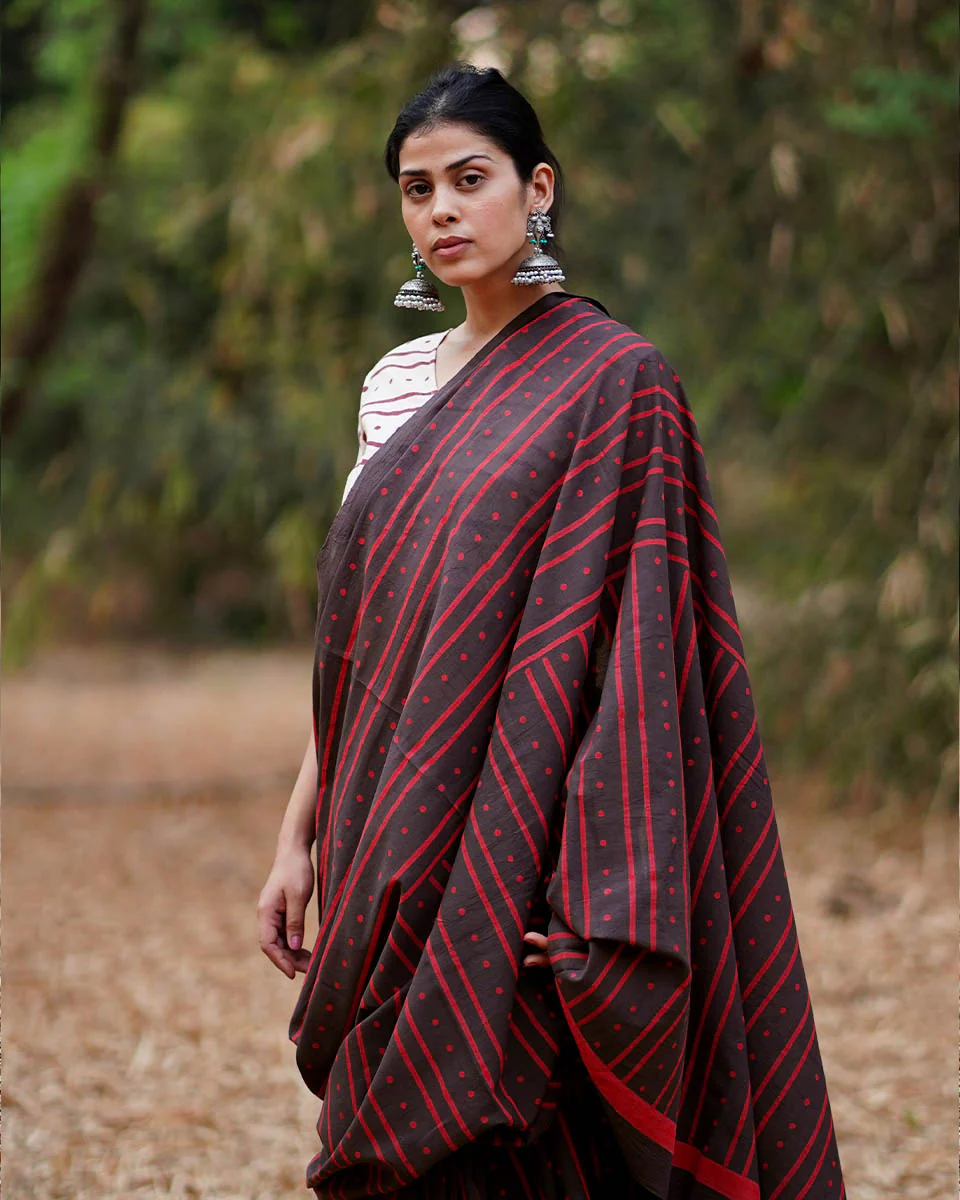 Nadiya Kinare Brown Hand Block Printed Cotton Saree - WW - Image 7