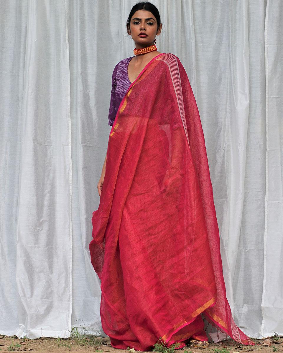 Nalini Handwoven Linen Saree - Bageecha - Image 5