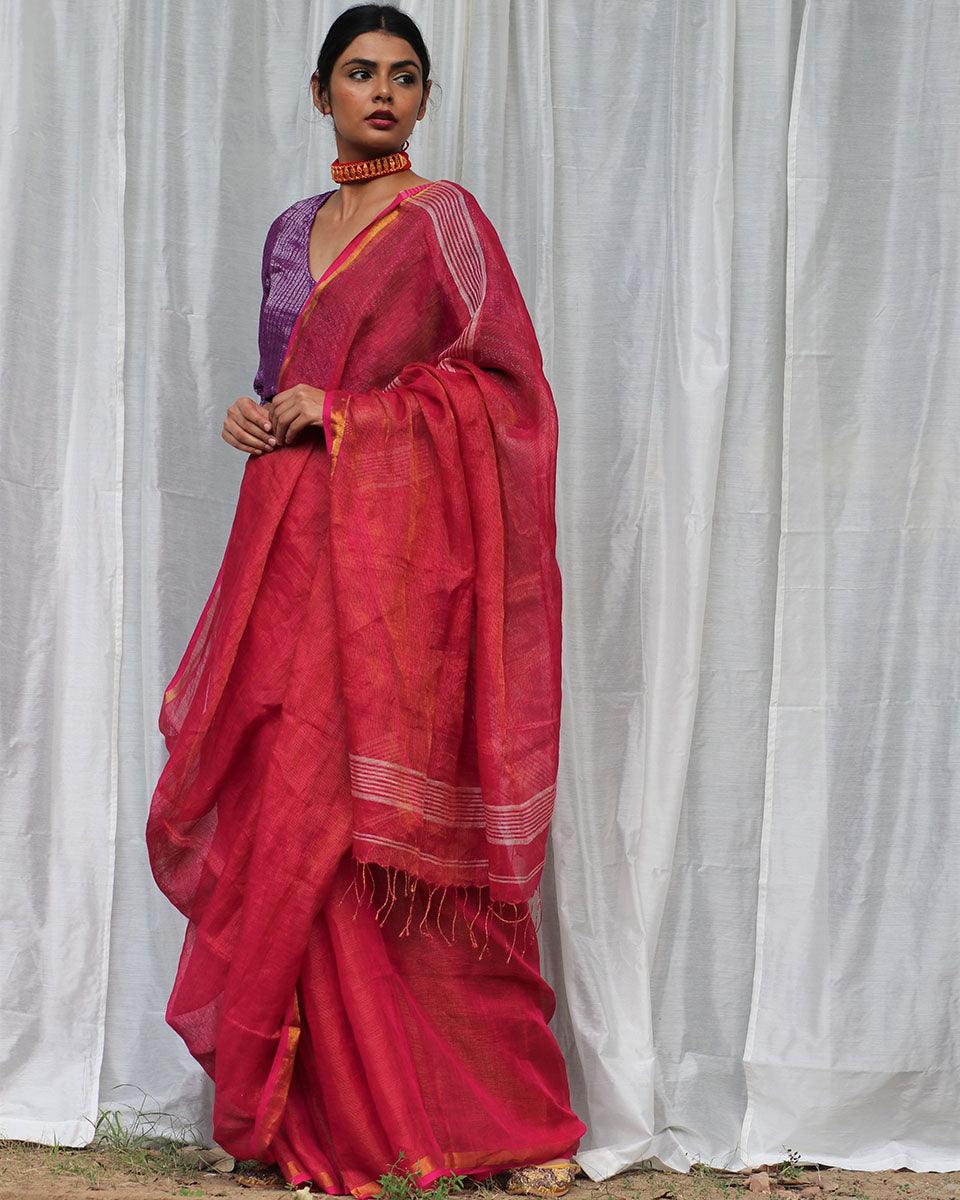 Nalini Handwoven Linen Saree - Bageecha - Image 6