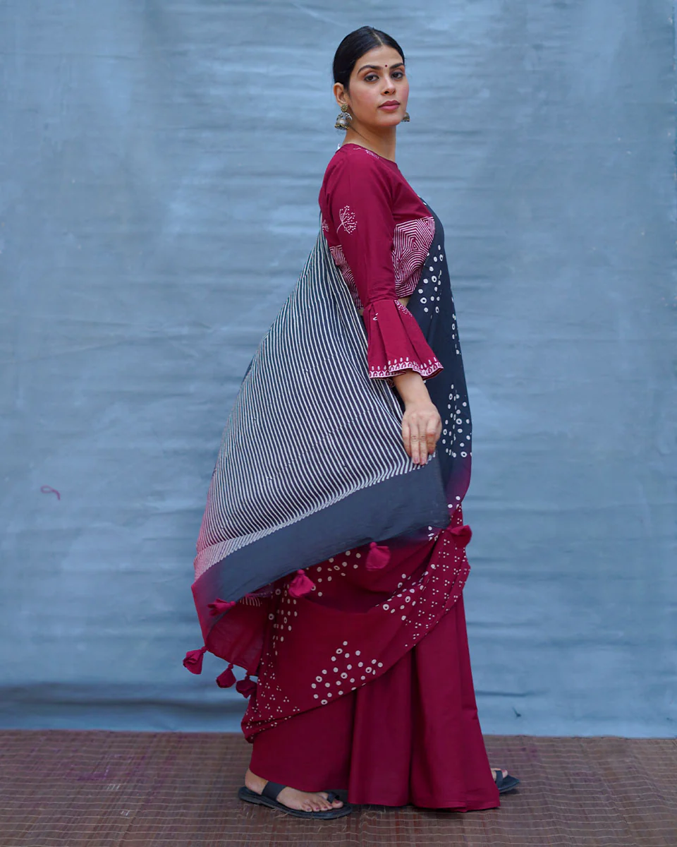 Nandini Maroon With Black Handblock Printed Cotton Saree - Soil - Image 10