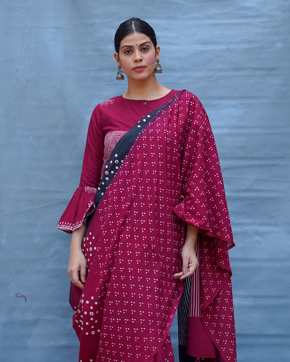 Nandini Maroon With Black Handblock Printed Cotton Saree - Soil - Image 12