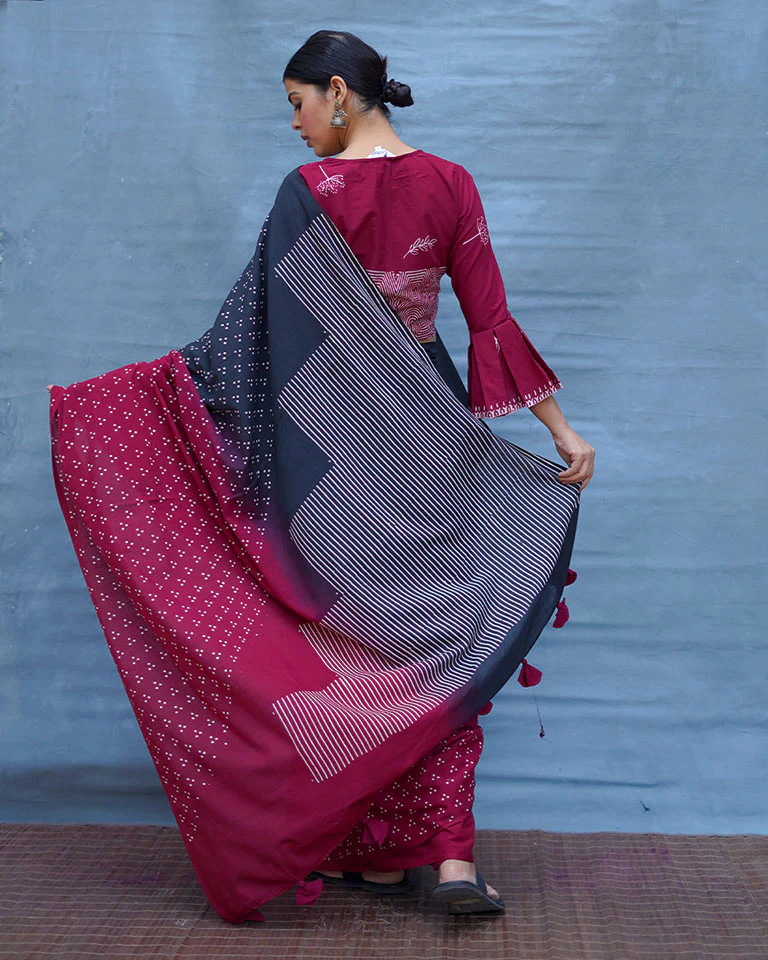 Nandini Maroon With Black Handblock Printed Cotton Saree - Soil - Image 3