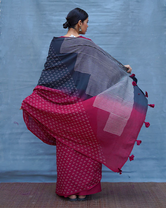 Nandini Maroon With Black Handblock Printed Cotton Saree - Soil - Image 4