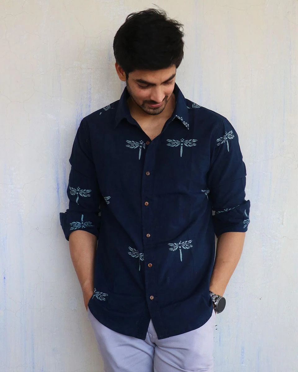 Navy Blue Dragonfly Block-Printed Men'S Shirt - Image 6