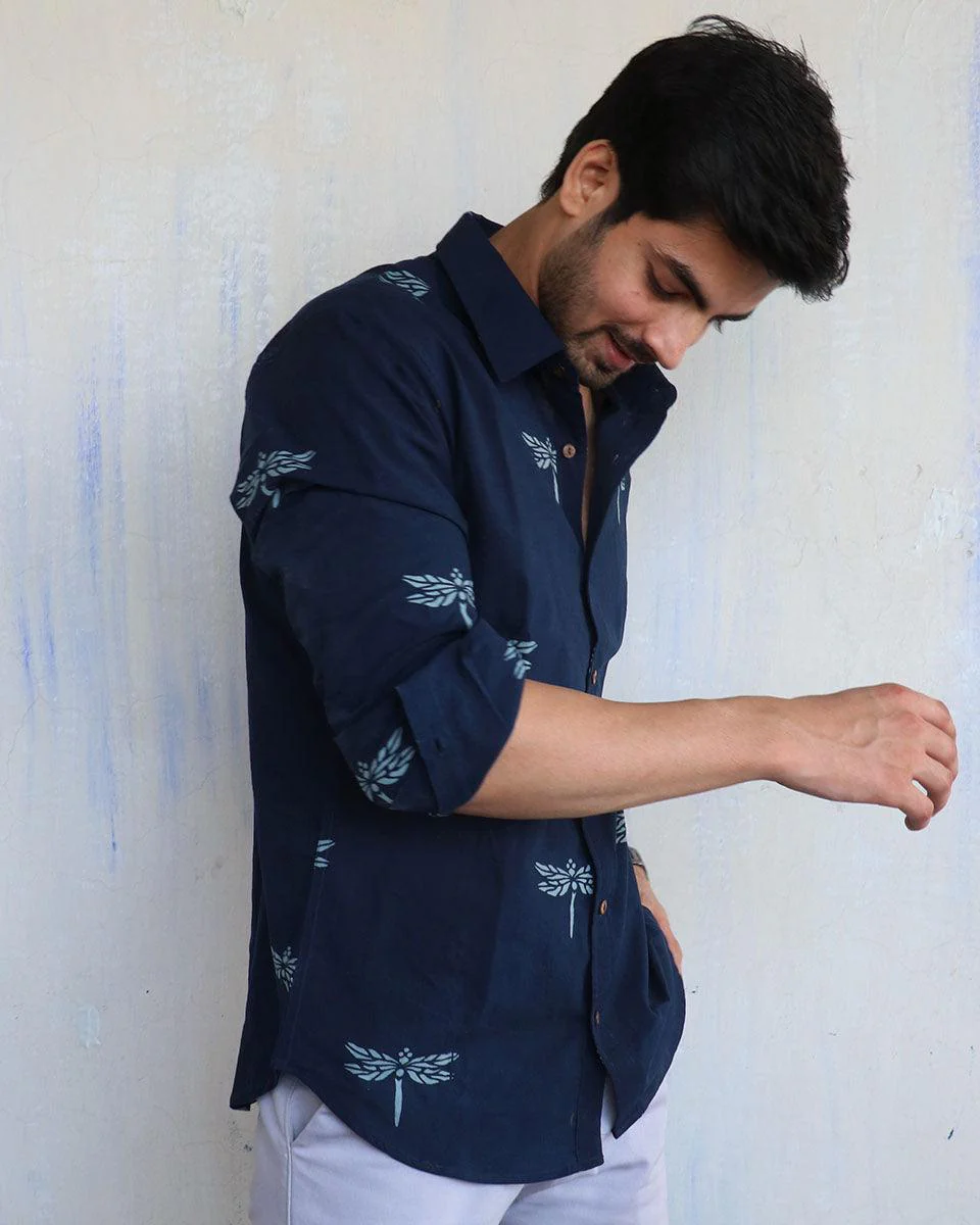 Navy Blue Dragonfly Block-Printed Men'S Shirt - Image 7