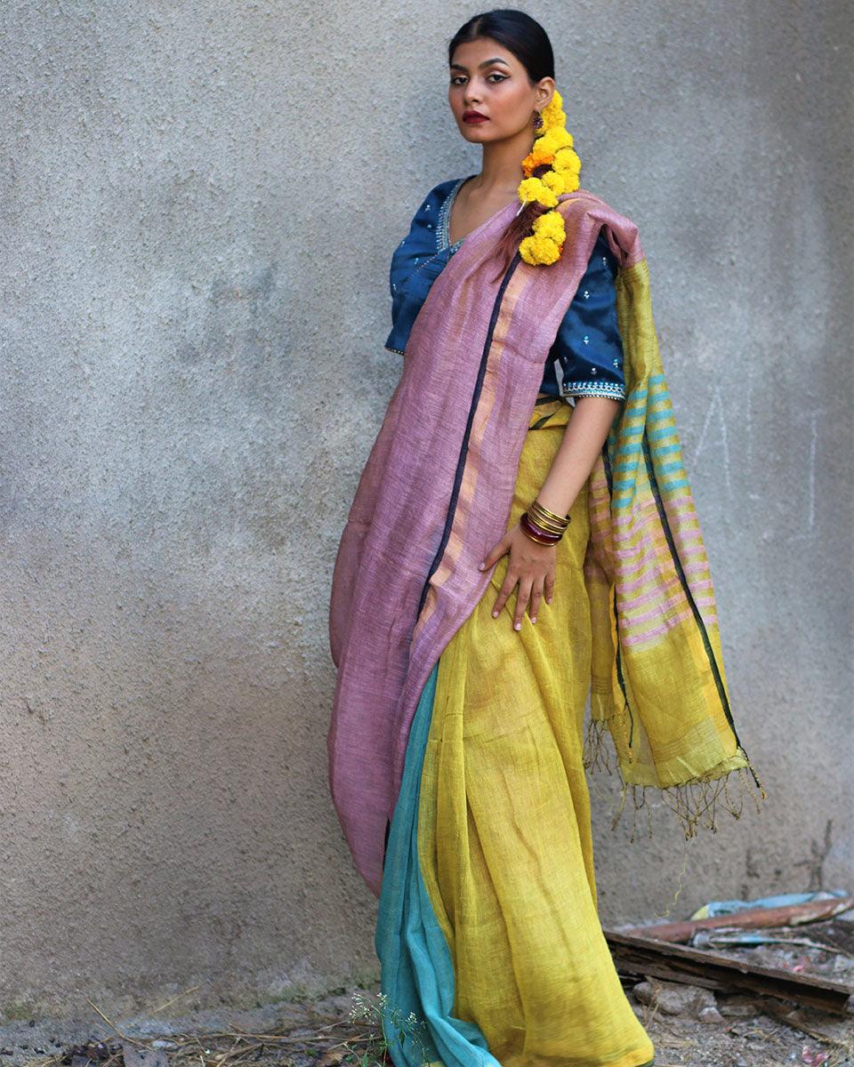 Nazm Handwoven Linen Zari Saree - Gazala - Image 4