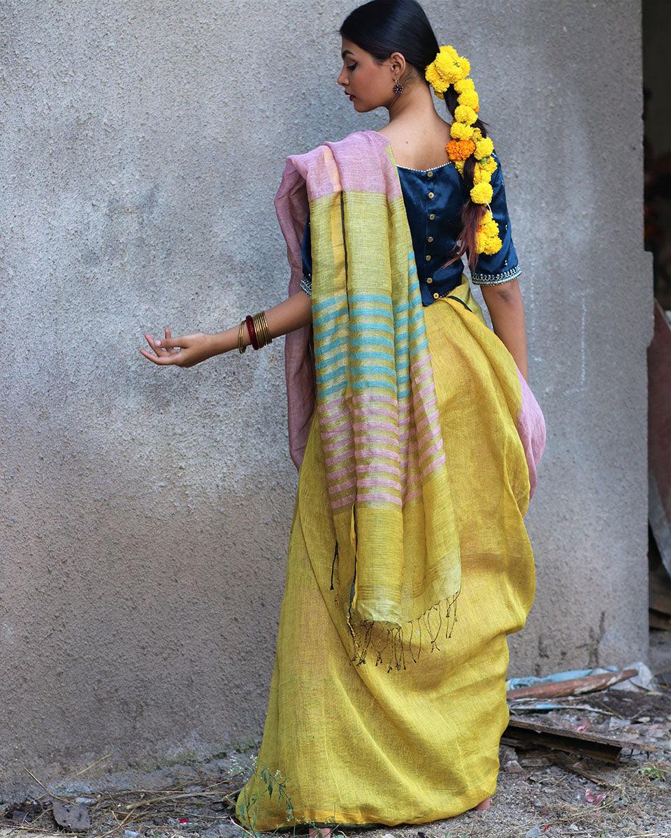 Nazm Handwoven Linen Zari Saree - Gazala - Image 5