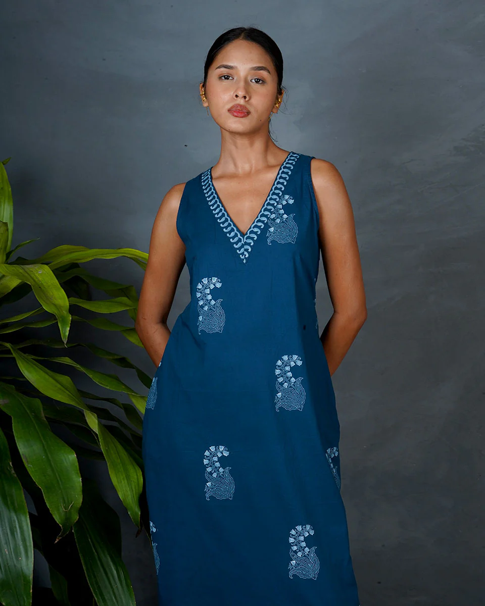 Neeraja Teal Green Hand Block Printed Cotton Dress-MYA - Image 2