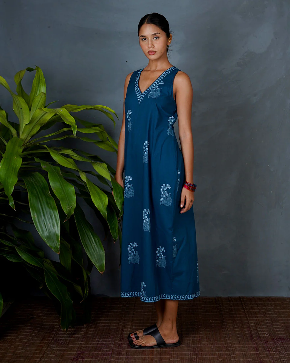 Neeraja Teal Green Hand Block Printed Cotton Dress-MYA - Image 4