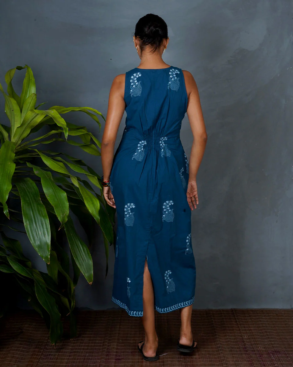 Neeraja Teal Green Hand Block Printed Cotton Dress-MYA - Image 5