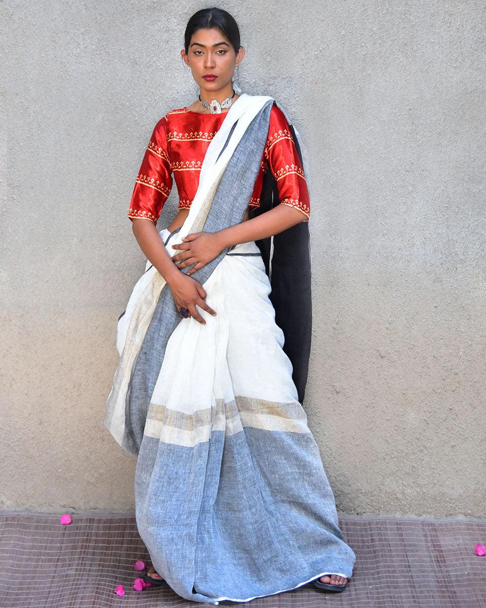 Neoma Handwoven Linen Saree-Stardust - Image 2