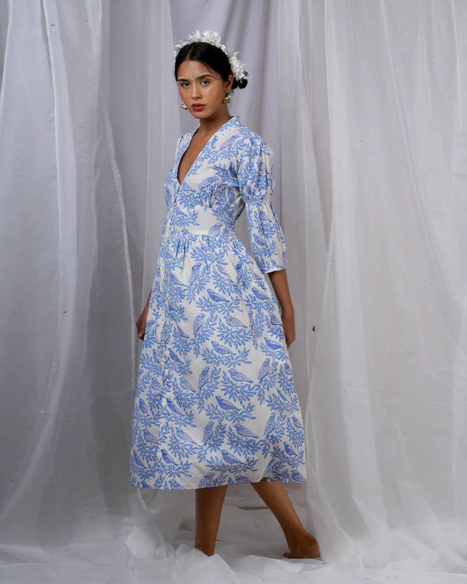 Neyra Ivory Blue Hand Block Printed Dress-BAD - Image 10