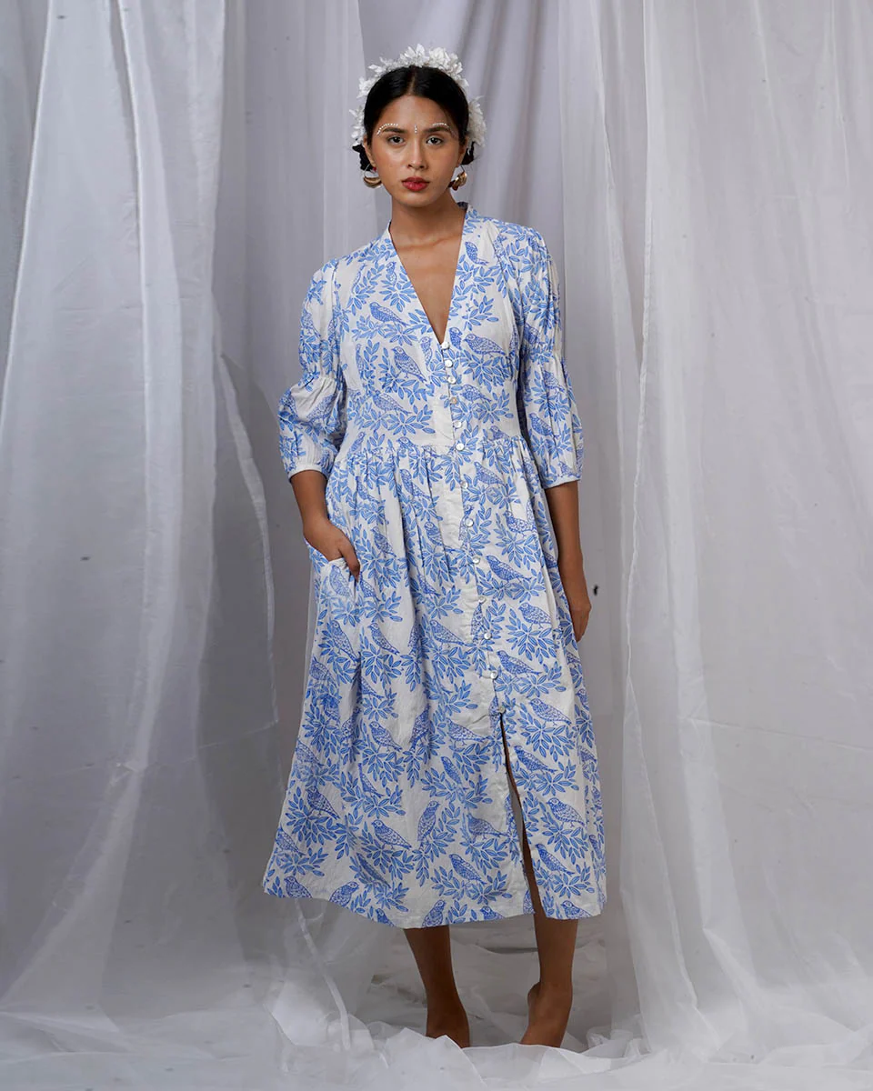 Neyra Ivory Blue Hand Block Printed Dress-BAD - Image 2