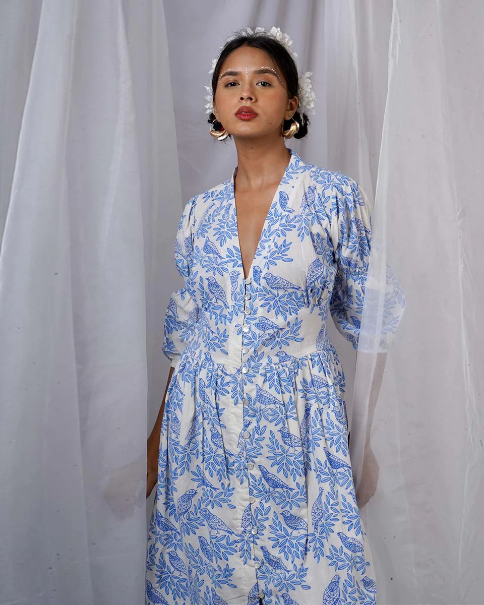 Neyra Ivory Blue Hand Block Printed Dress-BAD - Image 5