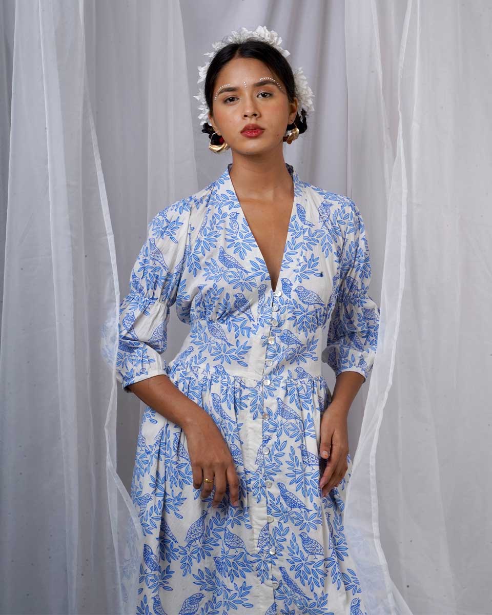 Neyra Ivory Blue Hand Block Printed Dress-BAD - Image 7