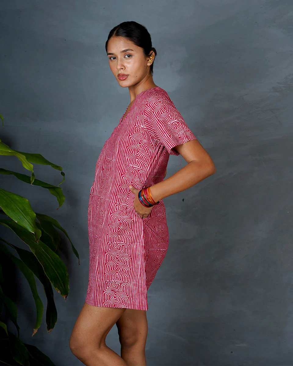 Nivara Red Hand Block Printed Cotton Dress-MYA - Image 4