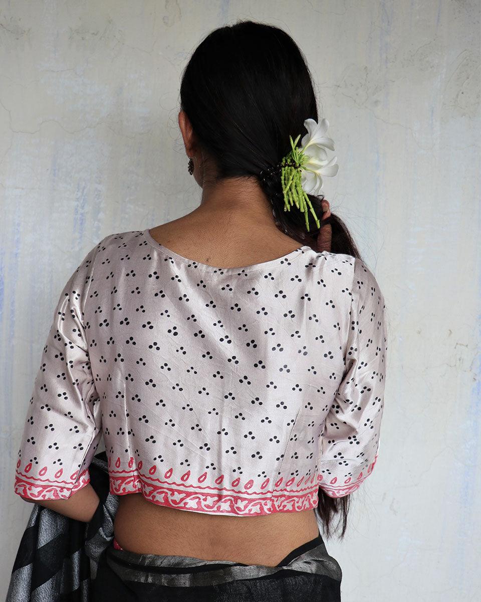 Noor Ivory Hand Blockprinted Mashru Silk Blouse-Yesterday - Image 4