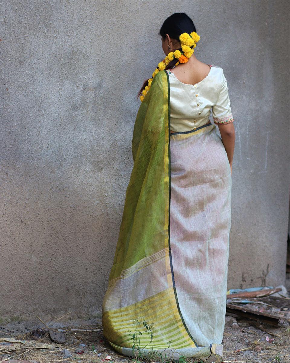 Noor Handwoven Linen Zari Saree - Gazala - Image 6