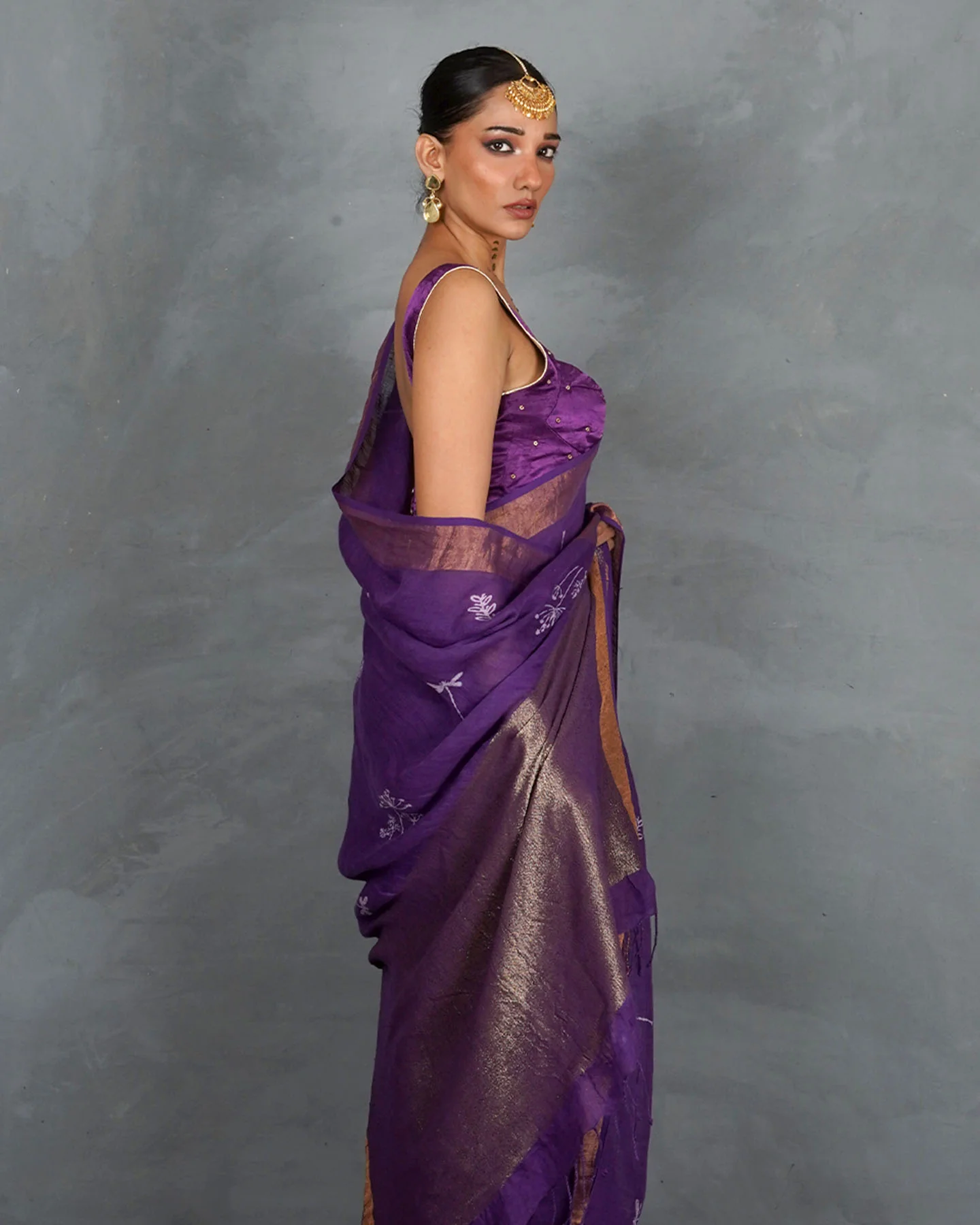 Noori Royal Purple Handblock Linen Saree - TARA - Image 6